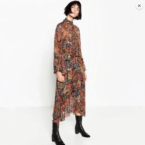 AMAZE Blogger Fave! Zara Boho Browns Floral Paisley Chiffon Ruffle Maxi Dress XS